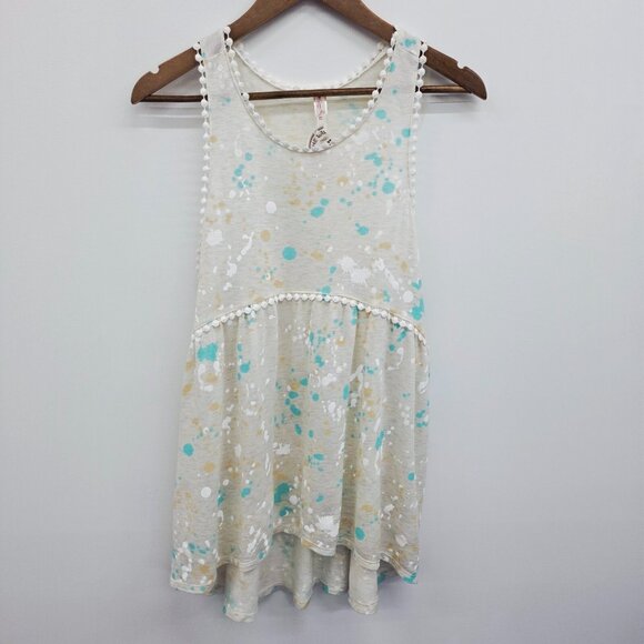 NWT Womens Babydoll Tank Top S Beige Paint Splatter Print Sleeveless Pom Trim - Picture 4 of 13